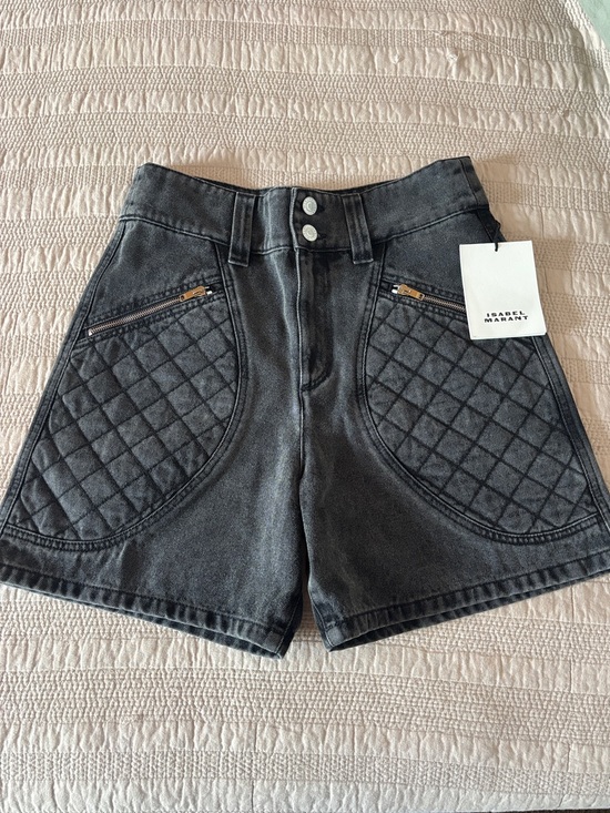 Isabel Marant Pants - Isabel Marant Candice Quilted Front Pocket High-Waist Denim Shorts in Charcoal